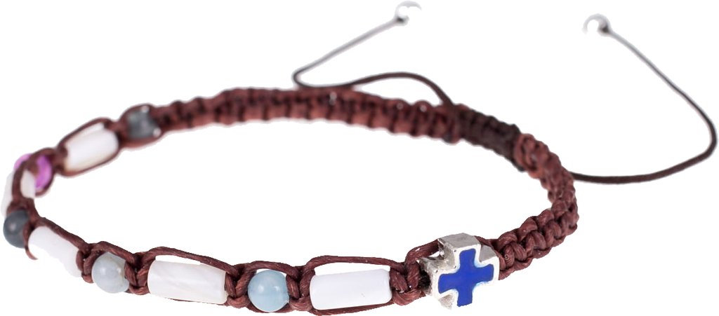 Armband/tientje op koord - parelmoer/turquoise