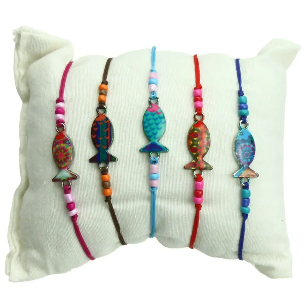 Armband op gekl. koord/ichtus geëmailleerd - assortiment (17x10mm)