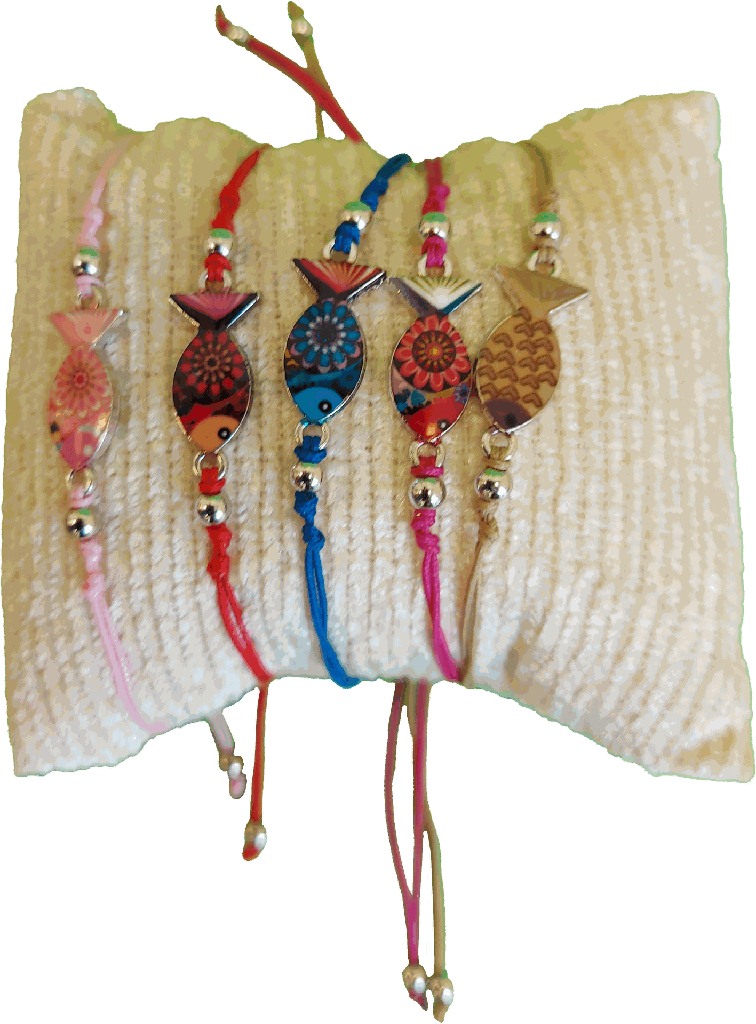 Armband op gekl. koord/ichtus geëmailleerd - assortiment (17x10mm)