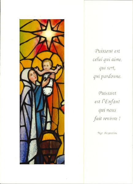 Carte vitrail Vierge et enfant/texte FR - 10,5x15cm/cello+en