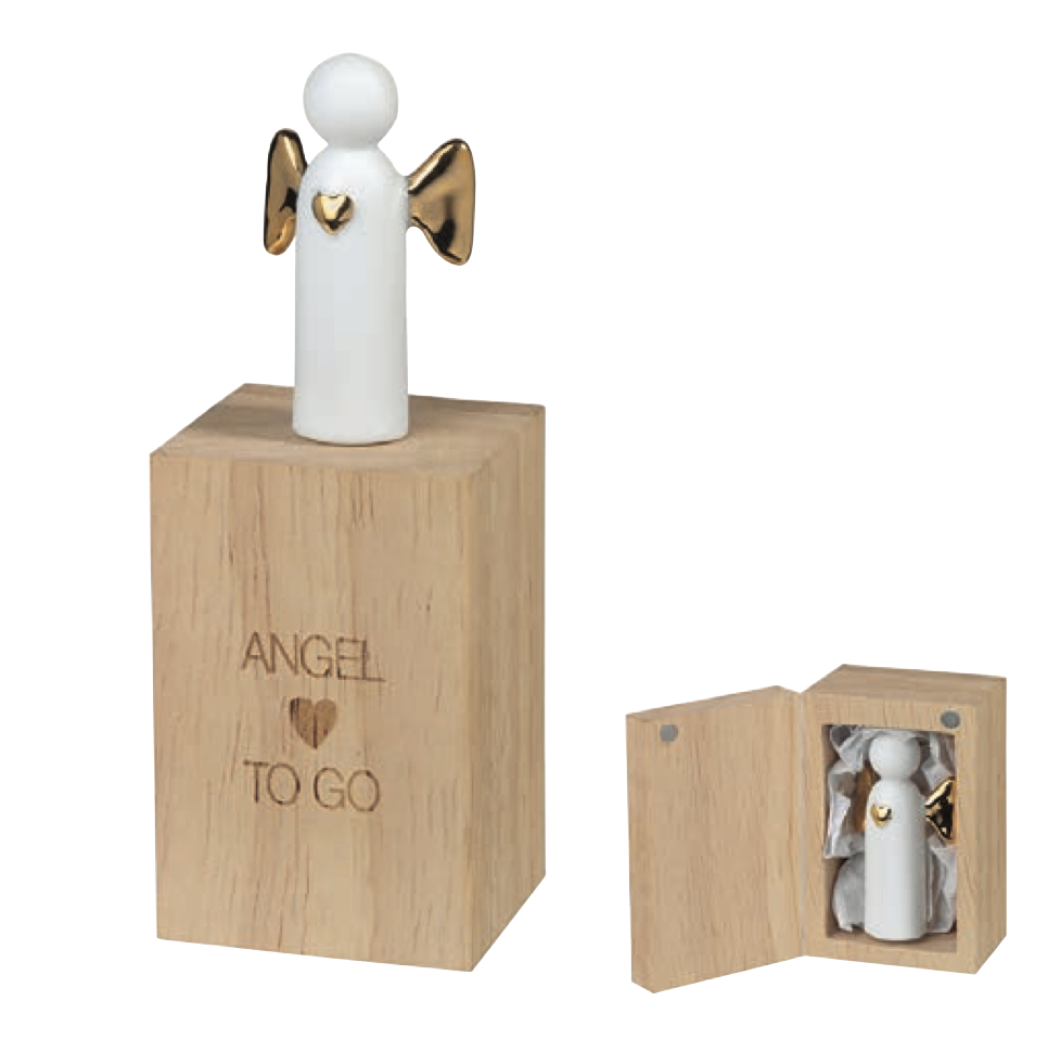 Engeltje met hart verguld in houten kistje - H: 4cm - porcelein