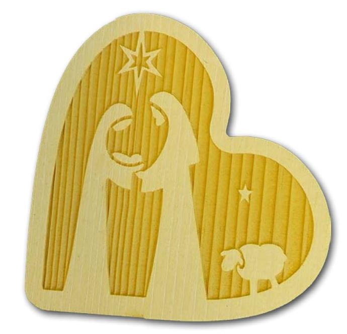 Houten blokje/hart met H. Familie - 6cm/staand