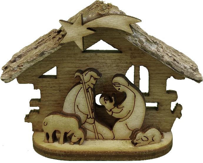 Houten stalletje met H. Familie - 5cm/staand+magneet - assort