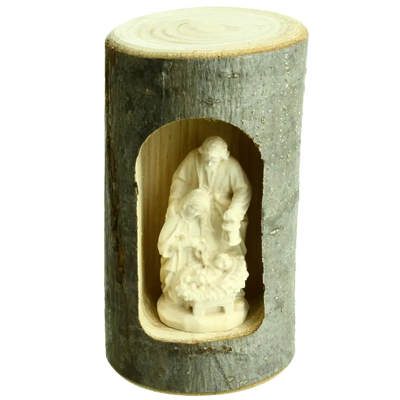Klassieke kerstgroep 4,5cm in boomstam - houtsnijwerk/natuur