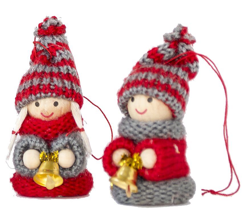 Lot de 2 anges/cloche H 6cm - bois/laine