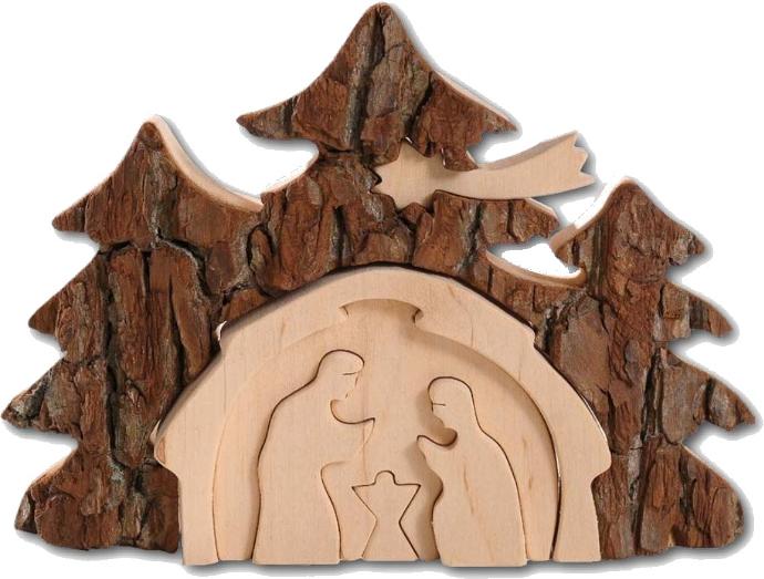 Nativité en bois - 3D/écorse - 14x10cm
