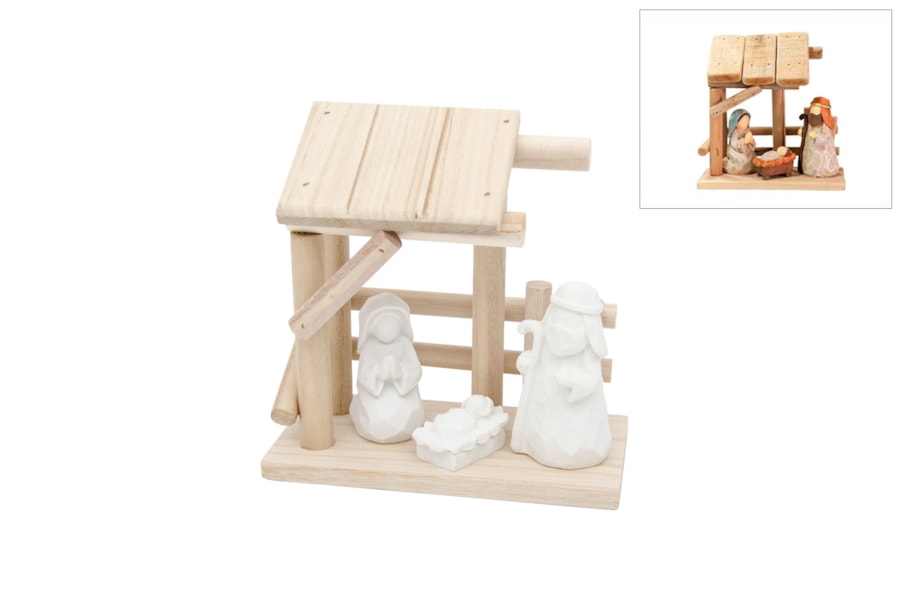 Cabane avec Ste Famille (3 pièces) - résine blanche - H 16cm