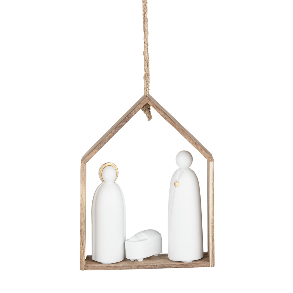 Cabane en bois acacia avec Ste Famille en porcelaine doré - 11x14cm