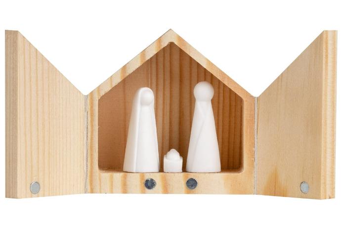 H.Familie porcelein in houten kistje/stal - 5,5x5,5x3,5cm