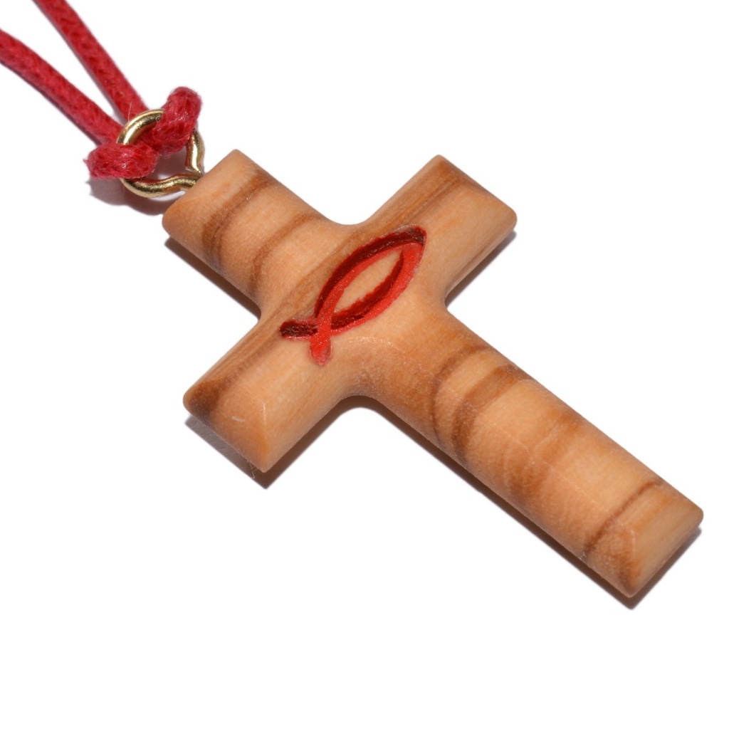 Kruisje Ictus op koord - olijfhout/rood - (30x20mm)