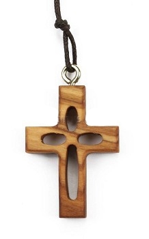 Croix sur cordon découpé - bois d'olivier (40x28mm)