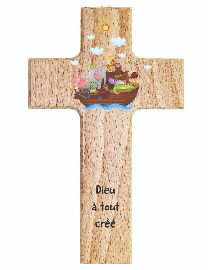 Kinderkruis 'Dieu a tout créé - hout (90x150mm)