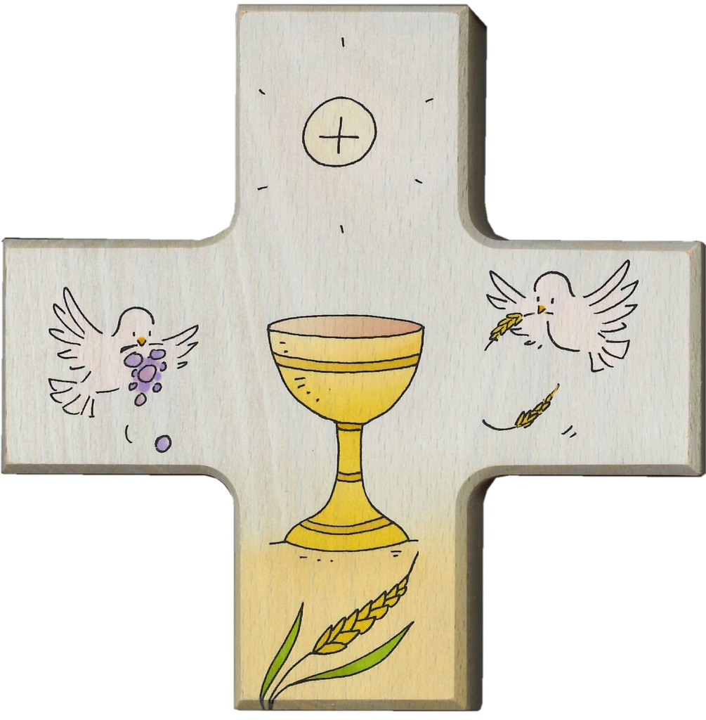 Kinderkruis 4 symbolen Kommmunie - hout (120x120mm)