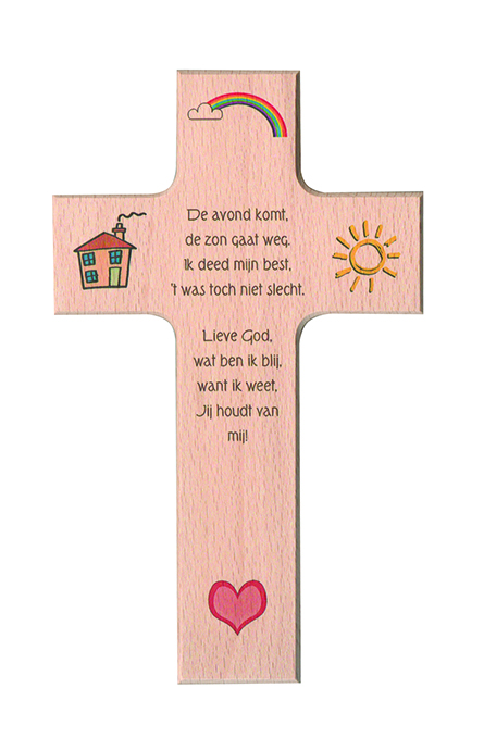 Croix enfant 4 symboles 'De avond komt' - bois (90x150mm)