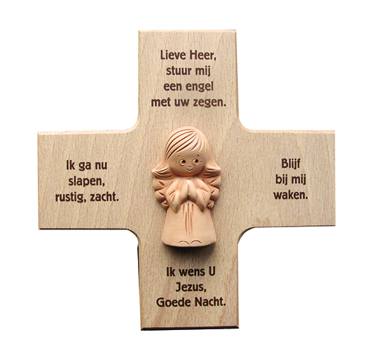 Croix enfant/ange en terre cuite 'Lieve Heer' - bois (120x120mm)