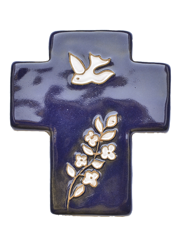 Croix céramique - Colombe & fleur - bleu foncée (95x105mm)