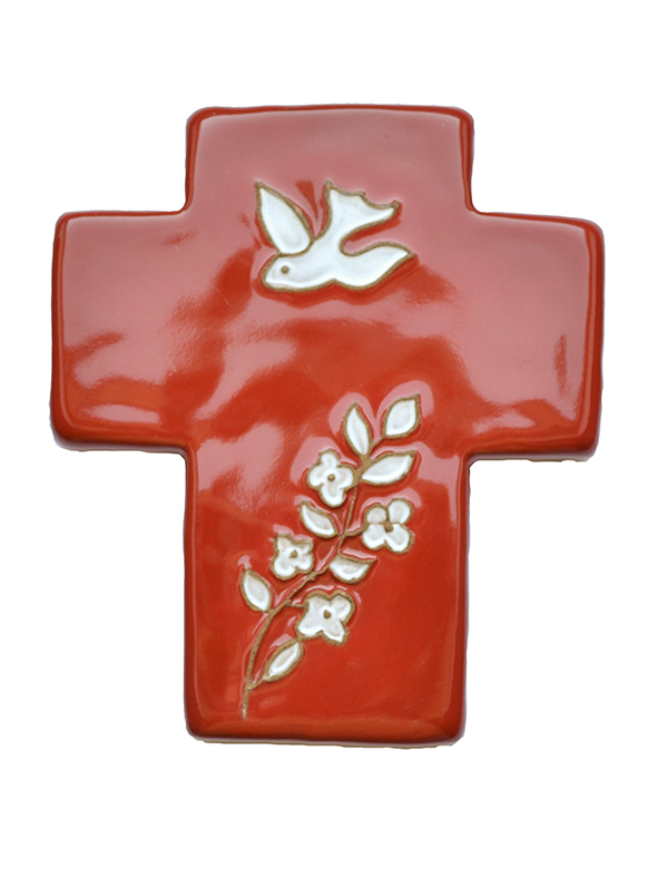 Croix céramique - Colombe & fleur - rouge (95x105mm)