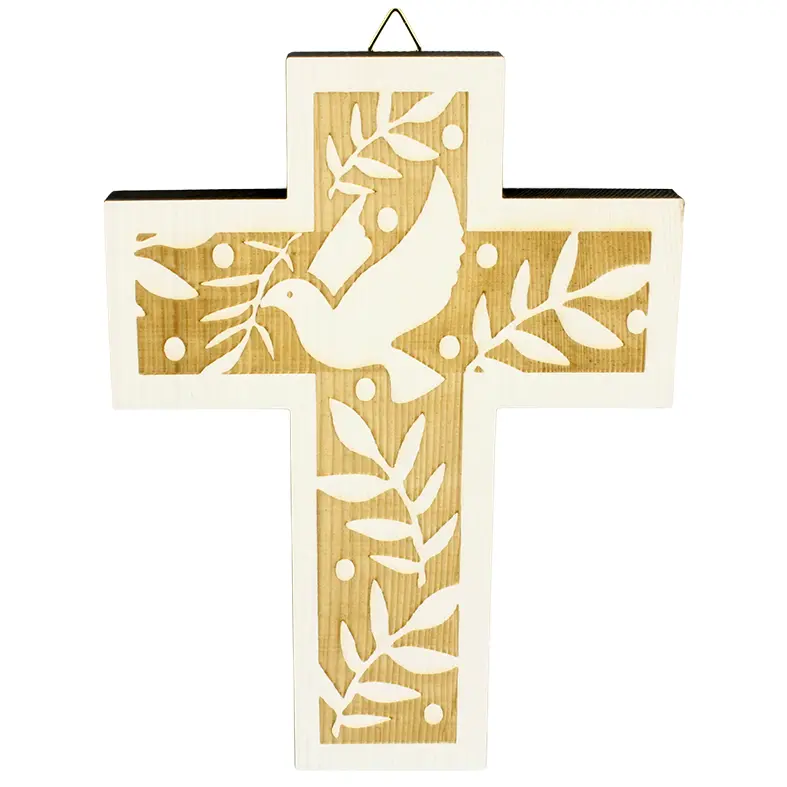 Croix murale bois - colombe avec palmier (130x180mm)