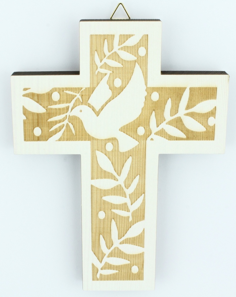 Croix murale bois - colombe avec palmier (130x180mm)