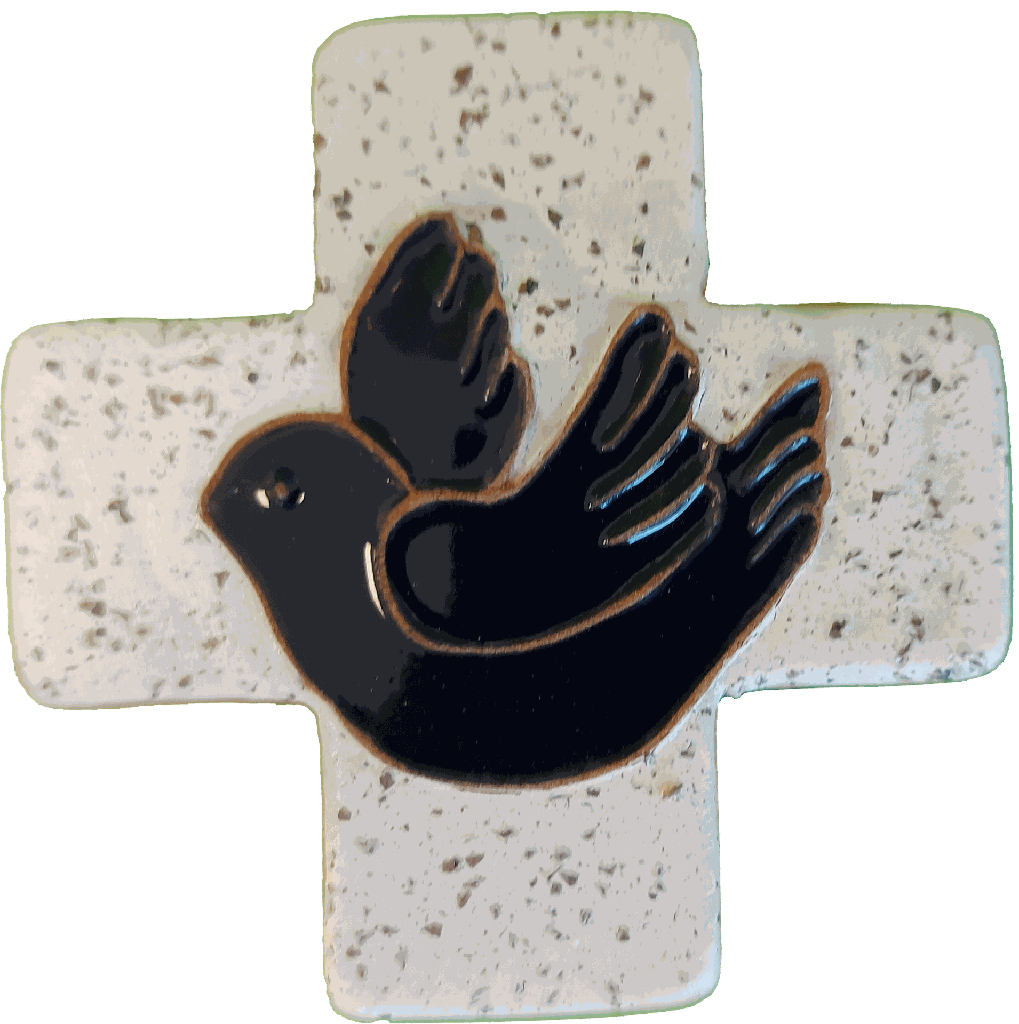 Croix céramique - Colombe - gris moucheté/bleu (75x75mm)