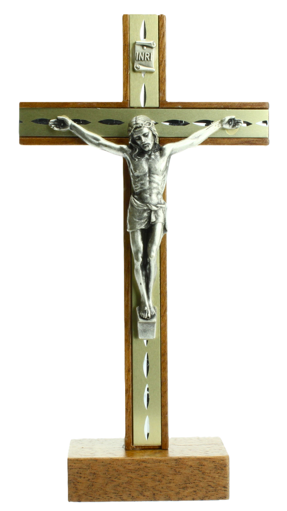 Croix sur pied - bois/métal avec christ (85x165mm)