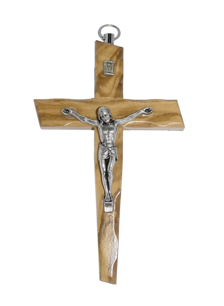 Croix murale/bois d'olivier - christ/métal (80x130mm)