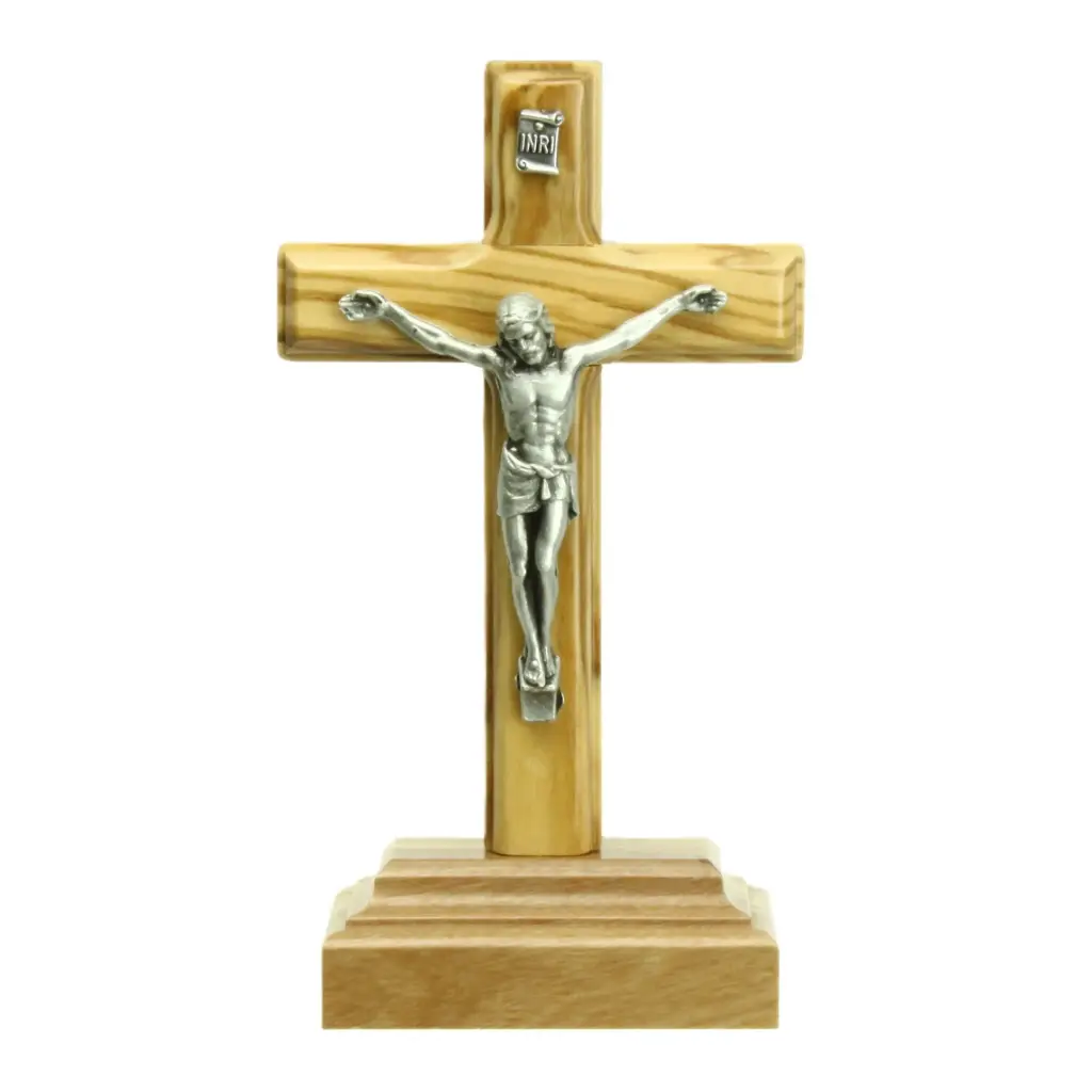Croix sur pied/bois d'olivier - christ/métal (65x120mm)