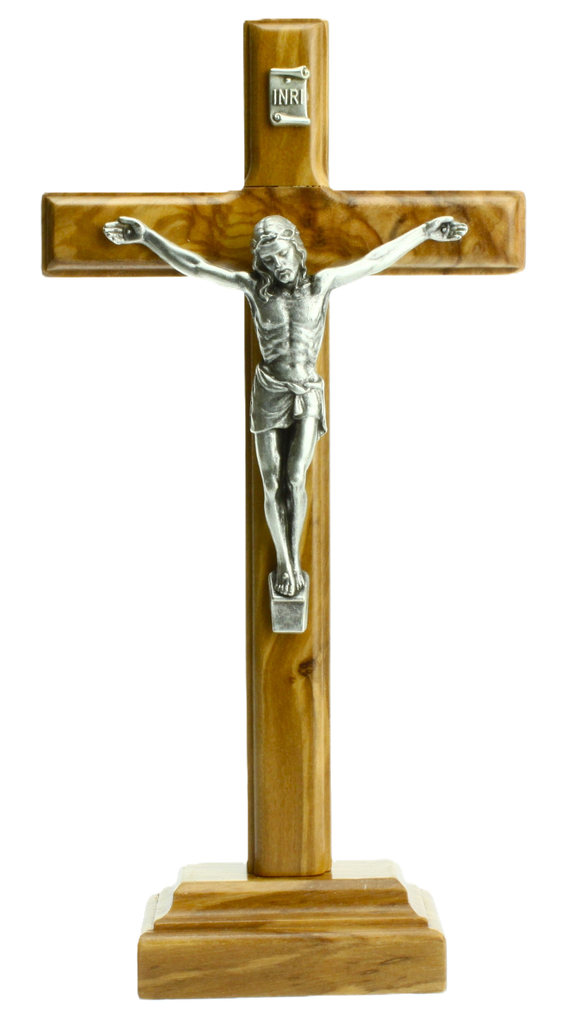 Croix sur pied/bois d'olivier - christ/métal (90x180mm)
