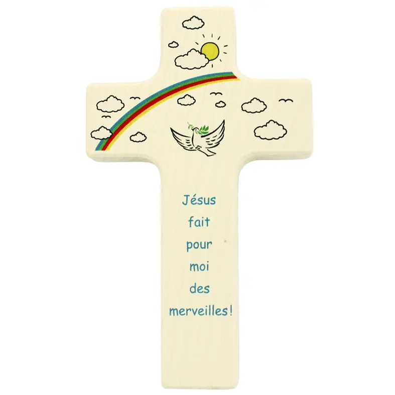 Kinderkruis hout - 'Jésus fait pour moi' (90x150mm)