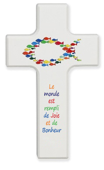Kinderkreuz Holz weiss lackiert - 'Fisch/Le monde est...' (90x150mm)