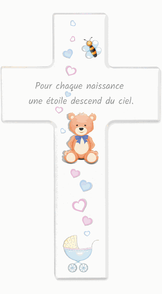 Croix de naissance bois/blanche-Swarovski - 'Pour chaque...' (90x150mm)