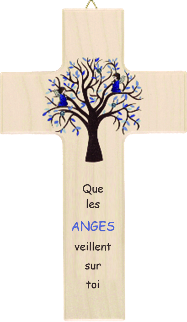 Croix enfant bois - Arbre de Vie/bleu 'Que les ANGES' (90x150mm)