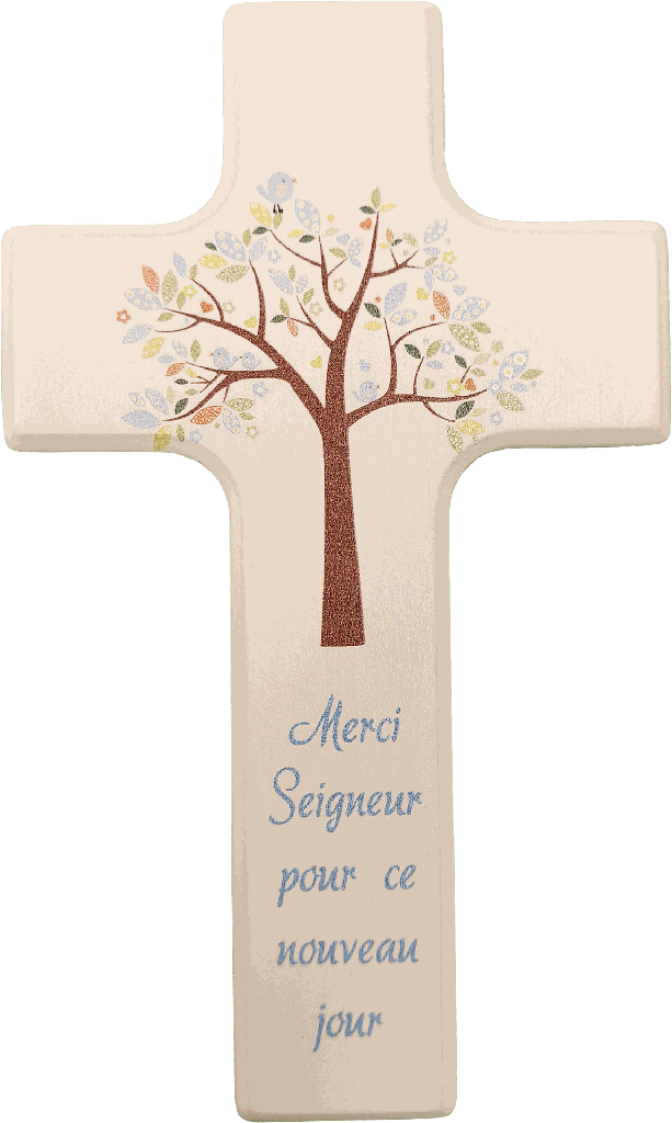 Kinderkreuz Holz weiss lakiert - 'Merci Seigneur ...'/Blau (90x150mm)
