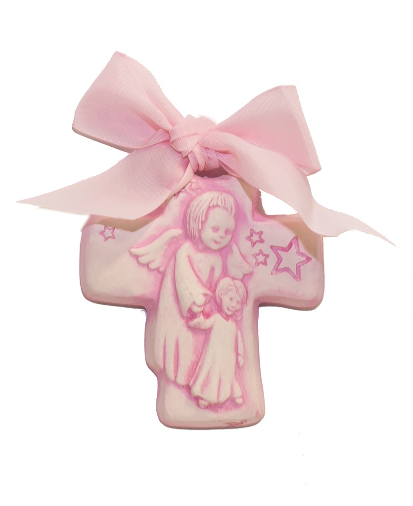 Croix murale/résine - Ange gardien/rose (75x90mm)