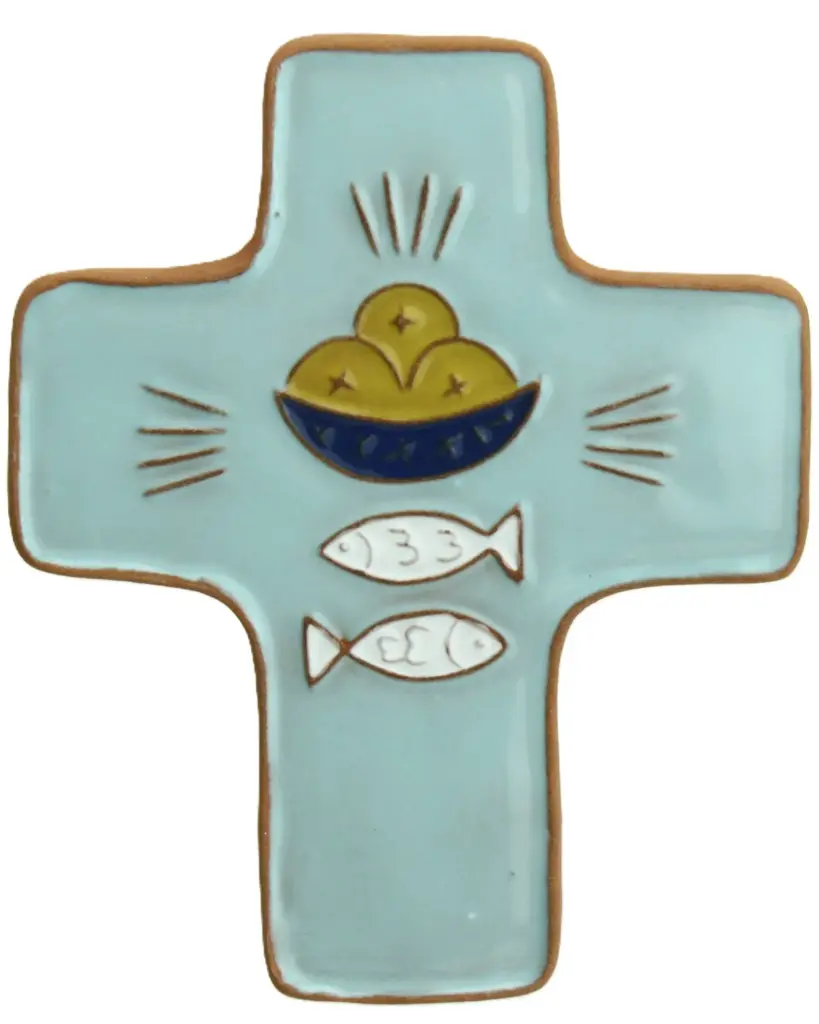 Kruisbeeld keramiek - Brood & vissen - licht blauw (95x120mm)
