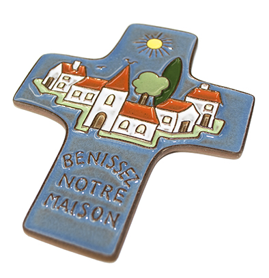 Croix  céramique - 'Bénissez notre...' - bleu foncée (95x120mm)