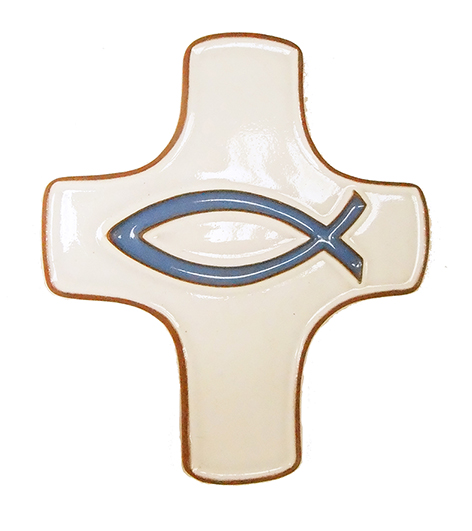 Croix  céramique - Ichtus - blanche/bleu (75x90mm)