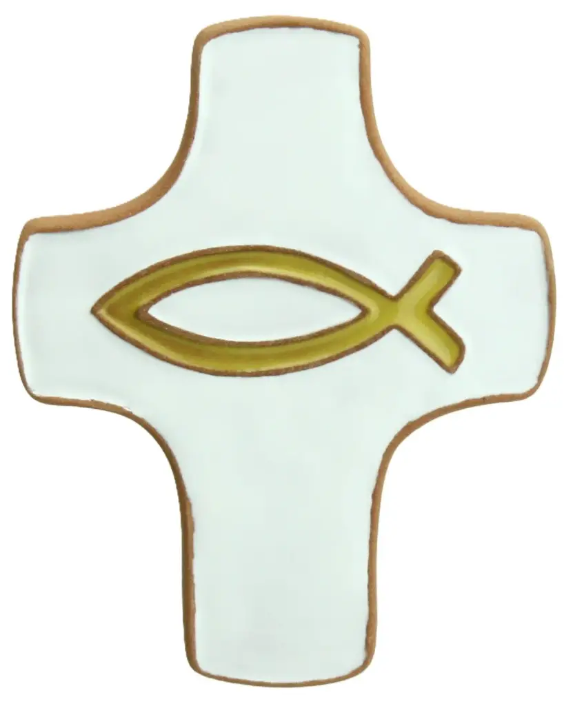 Croix  céramique - Ichtus - blanche/jaune (75x90mm)