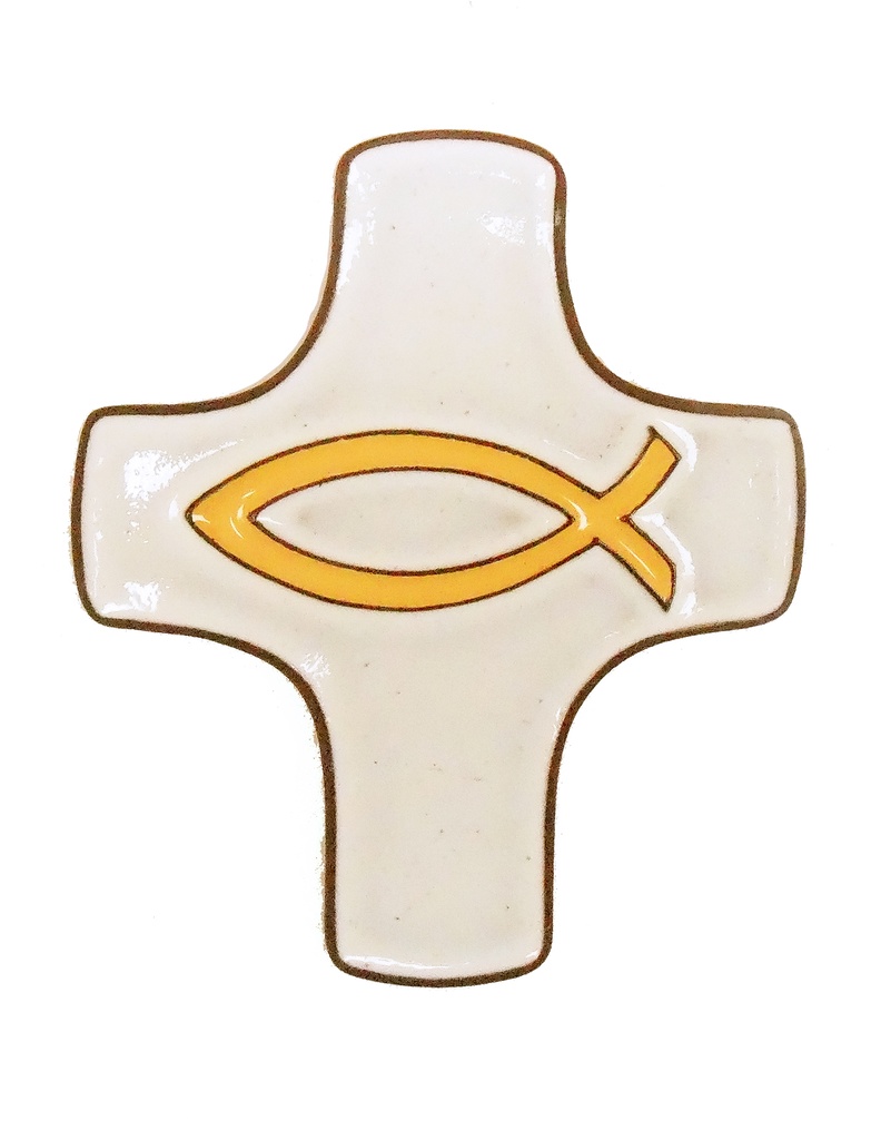 Croix  céramique - Ichtus - blanche/jaune (75x90mm)