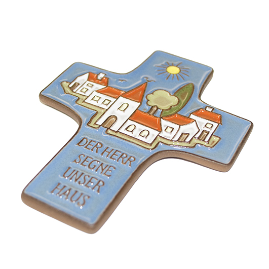 Croix 'Der Herr segne unser Haus' - céramique/bleu ciel - 9,