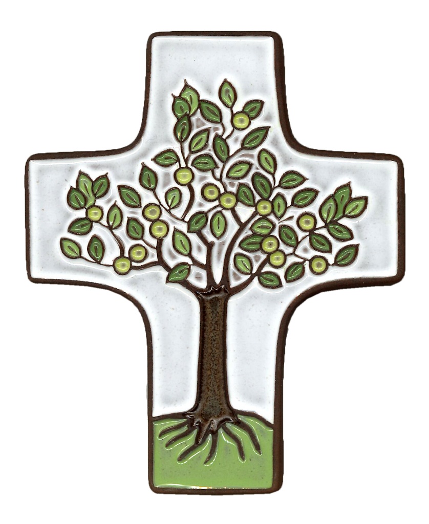 Keramik Kreuz - Lebensbaum - Weiss (95x120mm)