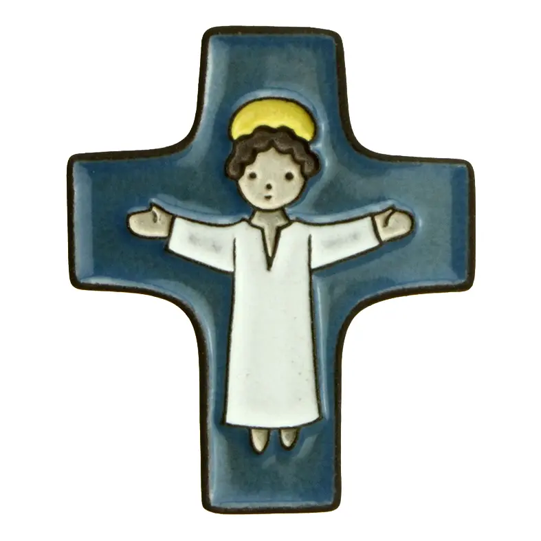 Croix  céramique - Jésus - bleu foncée (75x90mm)