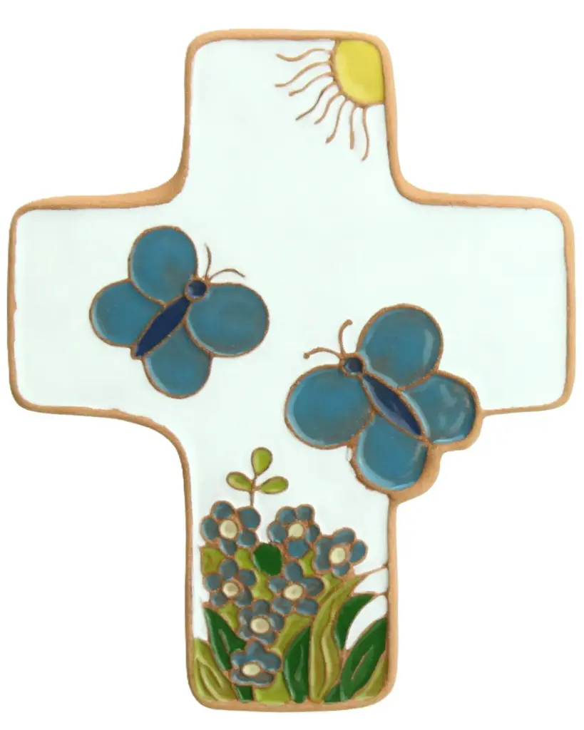 Croix  céramique - Pappillons - blanche (95x120mm)