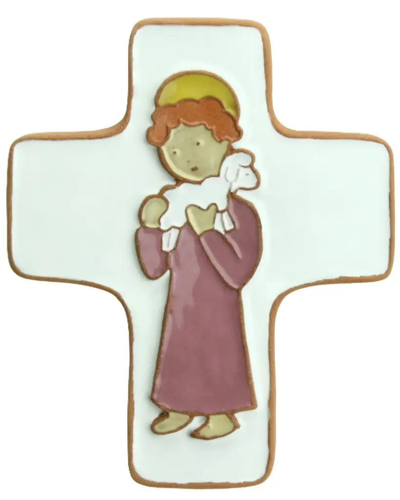 Croix  céramique - Bon Berger - rose (95x120mm)