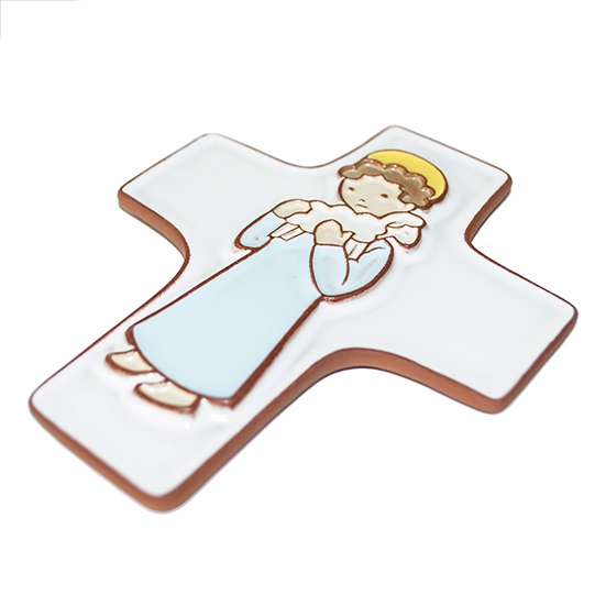 Croix  céramique - Bon Berger - bleu ciel (95x120mm)