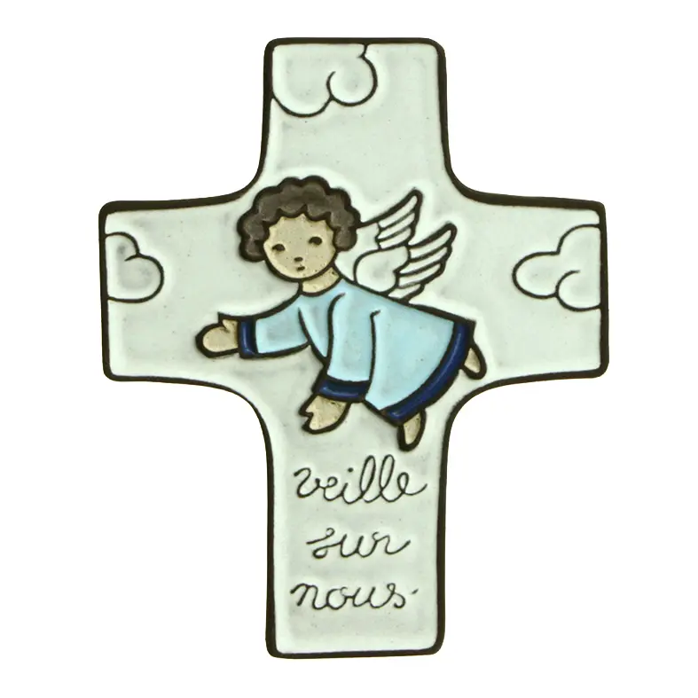 Croix  céramique - 'Veille sur nous' - bleu ciel (95x120mm)
