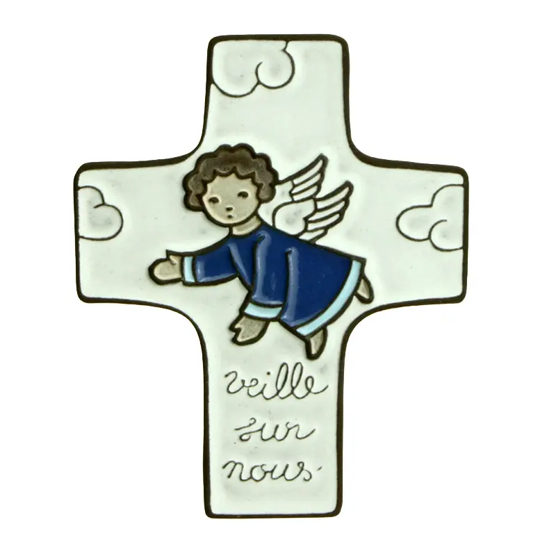 Croix  céramique - 'Veille sur nous' - bleu foncée (95x120mm)