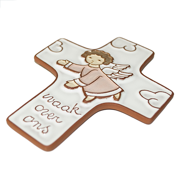 Ceramic cross - 'Waak over ons' - Pink (95x120mm)