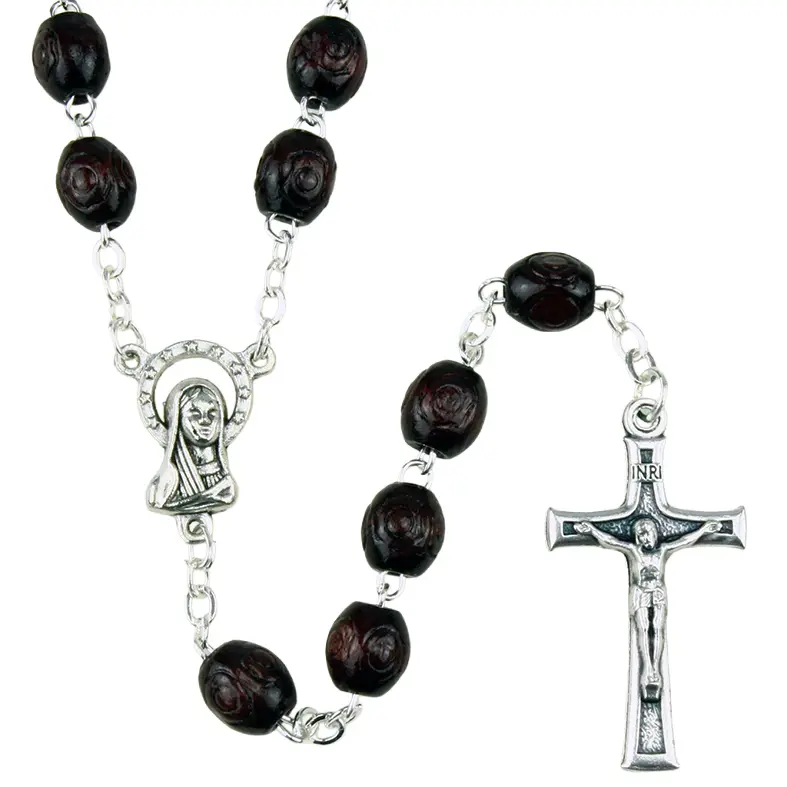 Chapelet - perles en bois travaillé/chaîne - palissandre