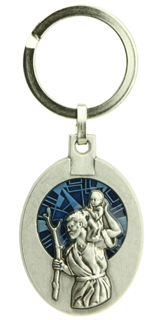 Porte-clef St Christophe auréol vitrail bleu - métal (55x32mm)